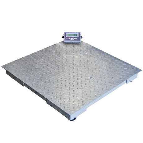 Digitale Plattformwaage in quadratischer Form, 120 cm x 120 cm, mit rutschfester, metallischer Oberfläche und digitalem Display in der Mitte