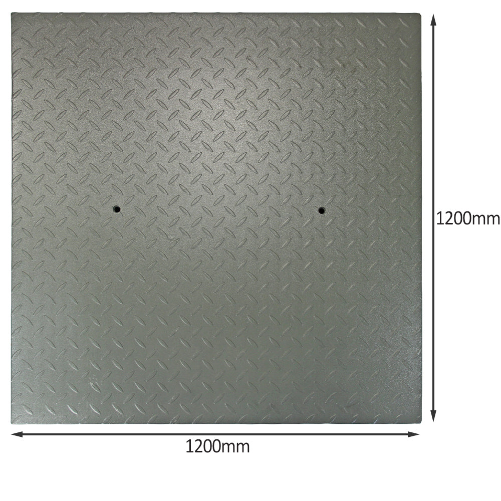 Digitale Plattformwaage in quadratischer Form, 120 cm x 120 cm, mit rutschfester, grauer Oberfläche und strukturiertem Design für sicheren Stand