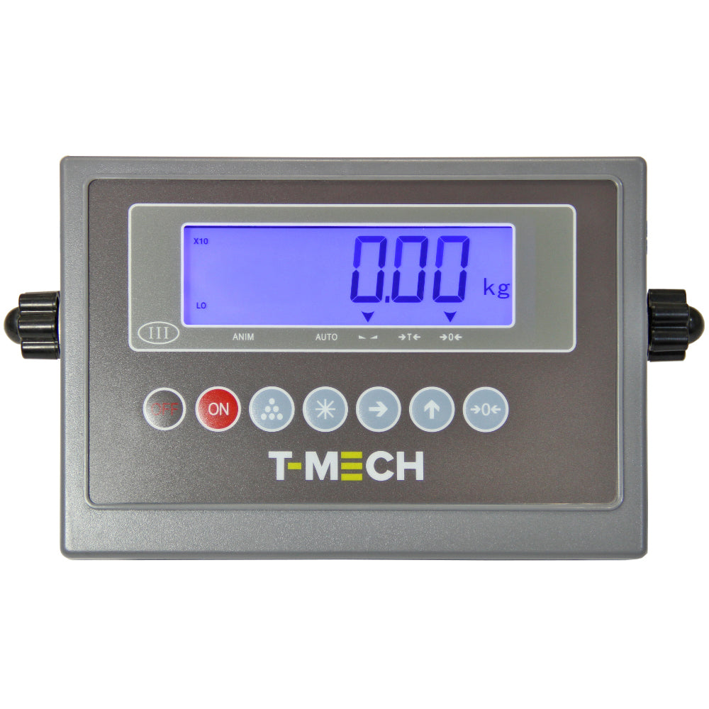 Digitale Plattformwaage T-Mech mit großem LCD-Display, grauem Gehäuse, klaren Tasten und präziser Gewichtsanzeige bis 120 cm x 120 cm