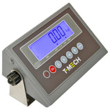 Digitale Plattformwaage mit grauem Gehäuse, blauer LCD-Anzeige, Tasten für Funktionen und präzise Gewichtsanzeige bis 120 cm x 120 cm