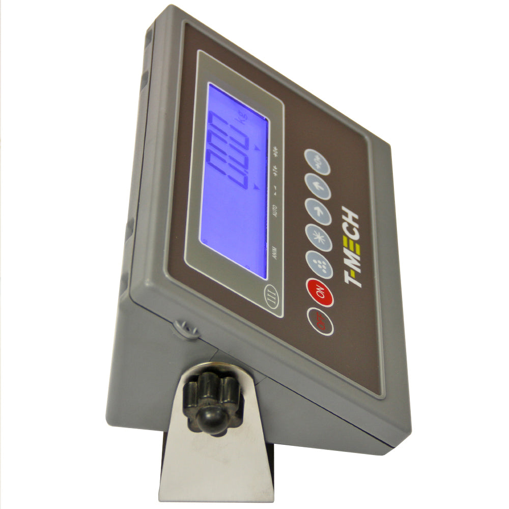 Digitale Plattformwaage von T-Mech mit grauem Gehäuse, großer blauer LCD-Anzeige und benutzerfreundlichen Tasten für präzise Messungen