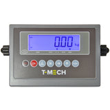 Digitale Plattformwaage von T-Mech mit grauem Gehäuse, blauer LCD-Anzeige und verschiedenen Tasten für Funktionen und Einstellungen