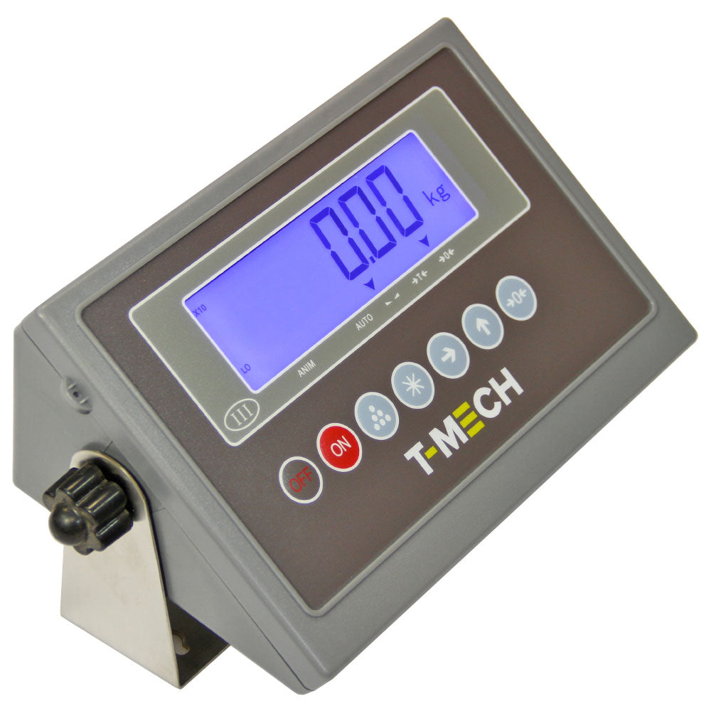 Digitale Plattformwaage von T-Mech mit großem, blau beleuchtetem Display, robustem grauem Gehäuse und benutzerfreundlichen Tasten zur Gewichtsanzeige