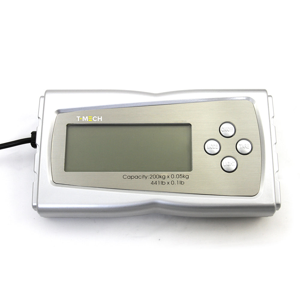 Digitale Versandwaage T-Mech in silber mit großem LCD-Display, Kapazität von 200 kg, Tasten für einfache Bedienung und präzise Messungen