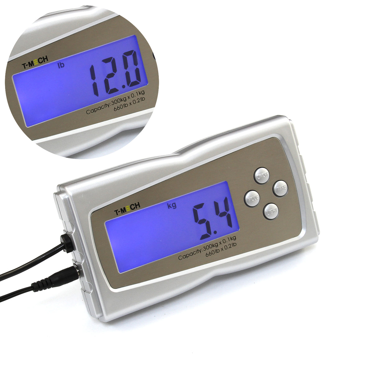 Digitale Tier-Waage von T-Mech mit blauem LCD-Display, zeigt Gewicht in Kilogramm und Pfund, silbernes Gehäuse, kompakte Größe von 50cm x 50cm