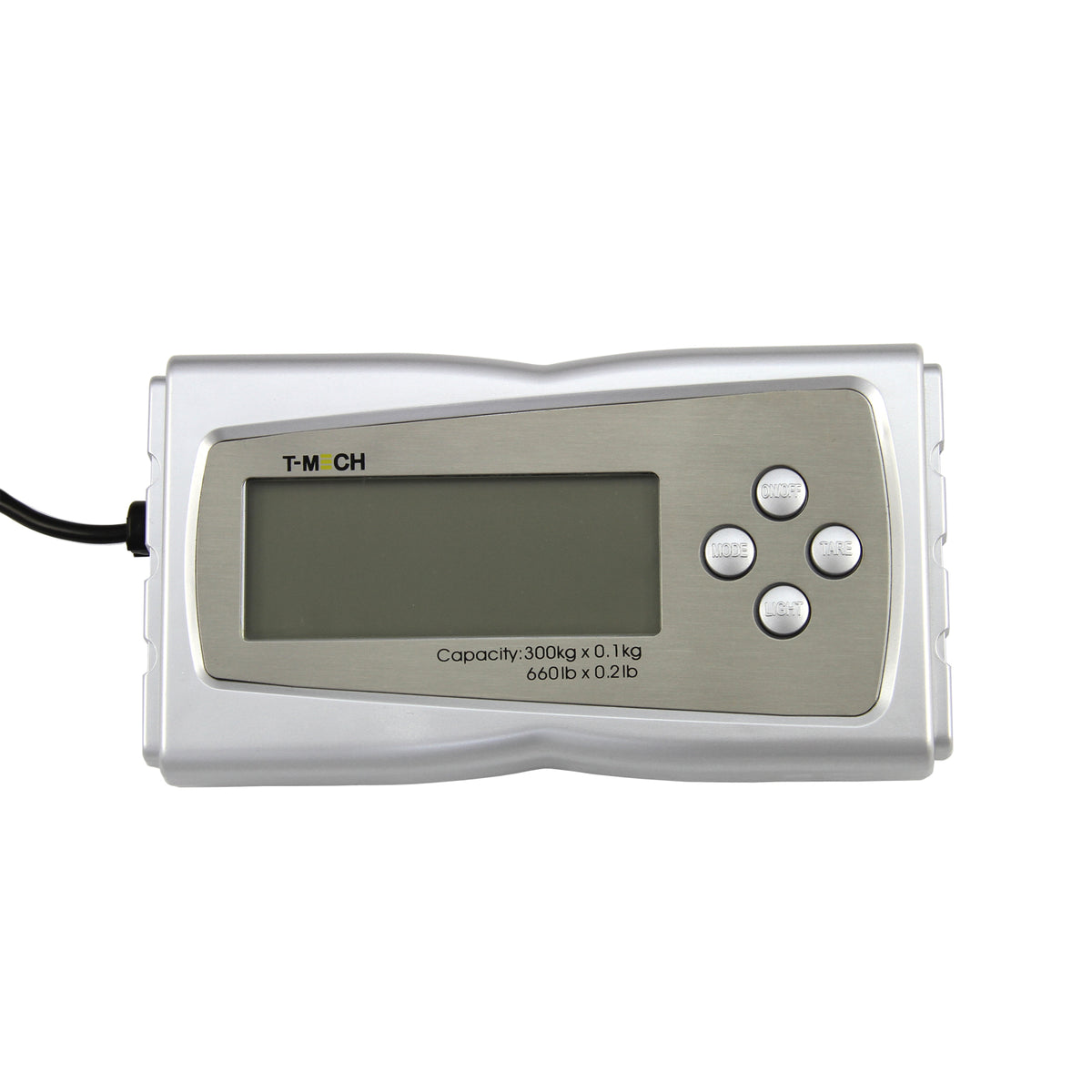Die T-Mech Plattformwaage mit einem großen, gut lesbaren LCD-Display, silbernem Gehäuse und robusten Tasten für präzise Gewichtsmessungen bis 300 kg