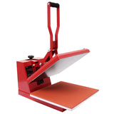 Rote 38-cm-Klapppresse mit einer glatten, orangefarbenen Arbeitsfläche, ideal für das Übertragen von Designs auf verschiedene Materialien