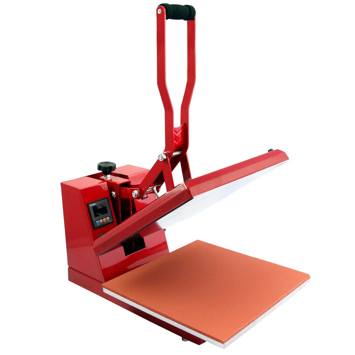 Rote Hitzepresse mit schwarzem Griff und großer, glatter Heizplatte, ideal für den Druck auf Textilien und Vinyl, kompakt und benutzerfreundlich