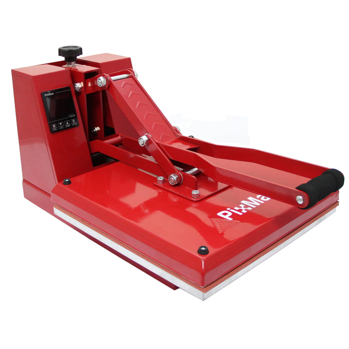 Rote 38-cm-Klapppresse mit stabiler Basis, Druckregler und ergonomischem Griff, ideal für das Übertragen von Designs auf verschiedene Materialien