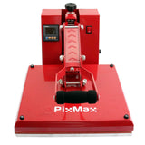 Rote PixMax Transferpresse mit schwarzem Griff, digitalem Bedienfeld und stabiler Basis, ideal für Vinyl-Transferdruck und kreative Projekte
