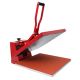 Rote Transferpresse mit einem großen, flachen Plattenbereich und einem ergonomischen Hebel, ideal für den Textildruck und kreative Projekte