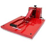 Rote Transferpresse für Sublimationsdruck mit breiter Arbeitsfläche, stabiler Bauweise und ergonomischem Griff für einfaches Handling