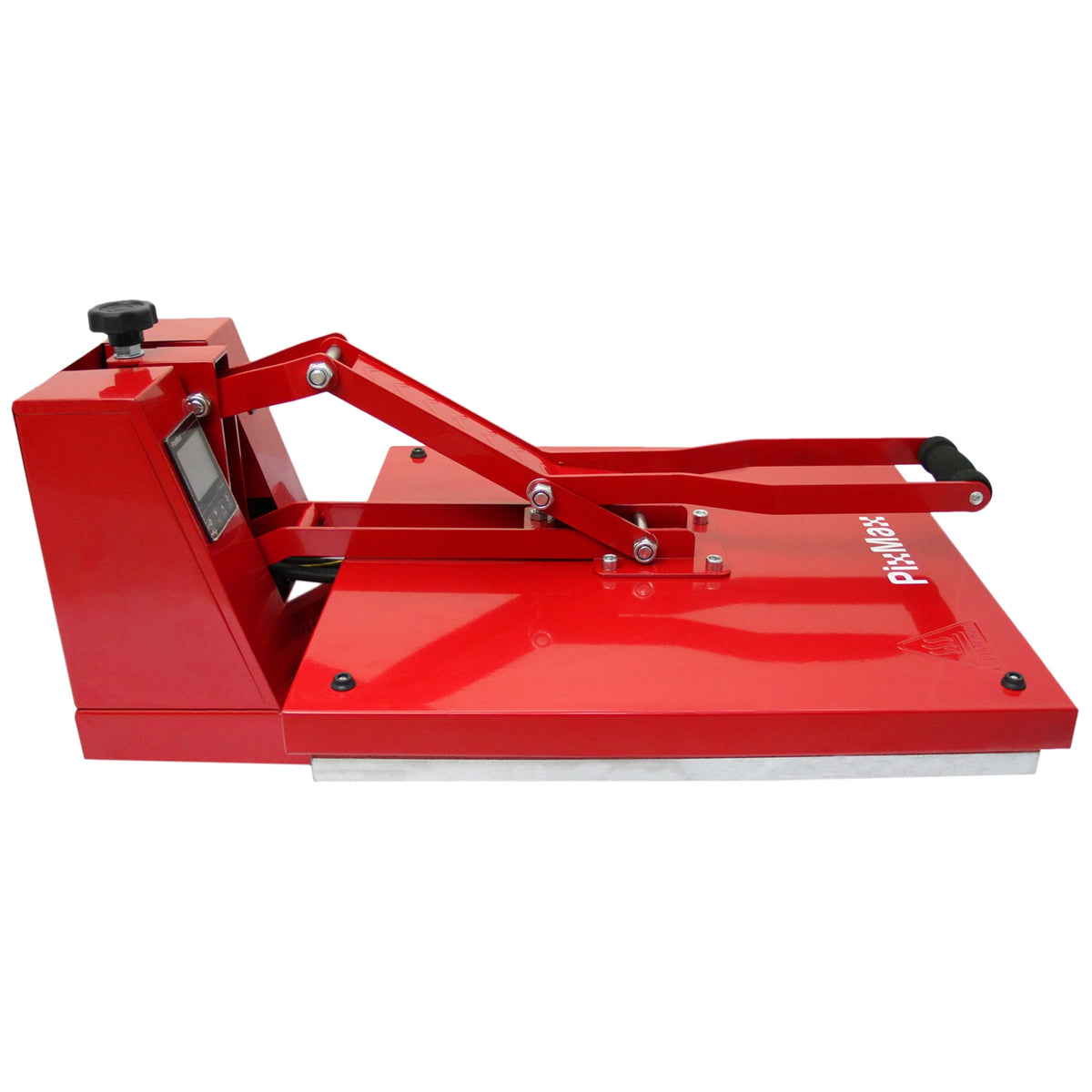 Rote Transferpresse mit stabiler Metallkonstruktion, verstellbarem Hebel und digitalem Temperaturregler, ideal für Textildruck und kreative Projekte