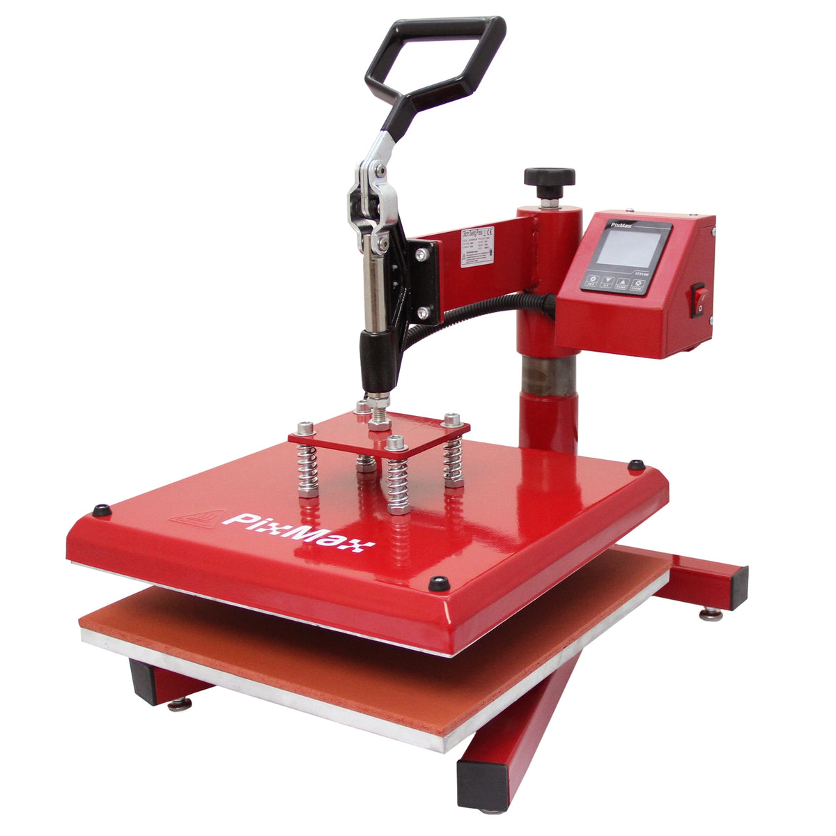 Rote Schwing-Transferpresse mit digitalem Display, stabiler Basis und Druckhebel, ideal für den Textildruck und kreative Projekte