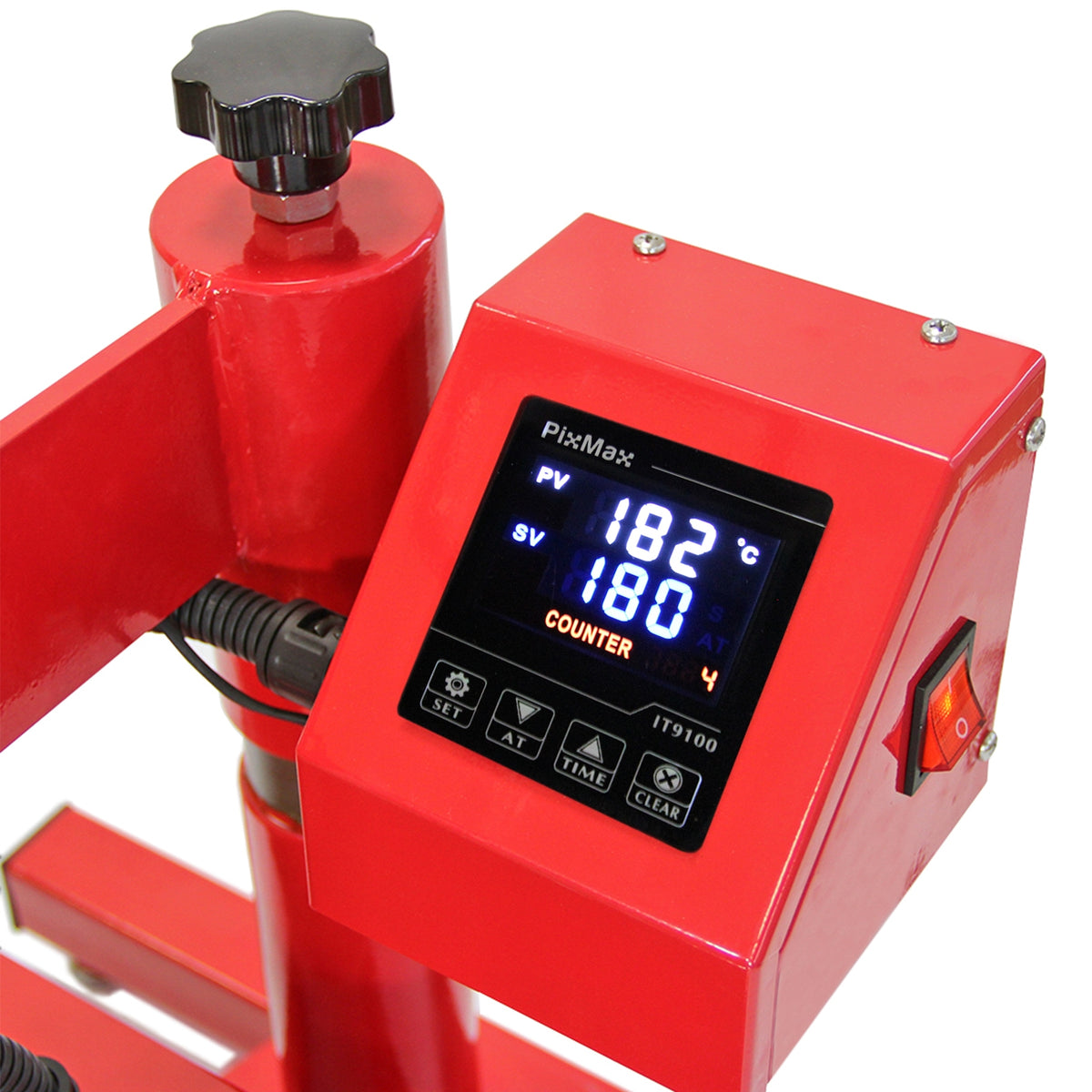 Rote Transferpresse mit digitalem Display, Temperatur- und Zeitsteuerung, robustes Gehäuse, ideal für den Einsatz mit einem LED Schneideplotter