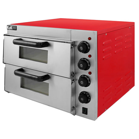 Doppelkammer Pizzaofen von KuKoo in rot und Edelstahl, mit zwei transparenten Fenstern, Drehknöpfen zur Temperaturregelung und robustem Design