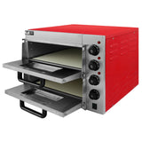 Doppelkammer Pizzaofen in leuchtendem Rot mit Edelstahlfront, zwei herausziehbaren Schubladen und präzisen Temperaturreglern für perfektes Backen