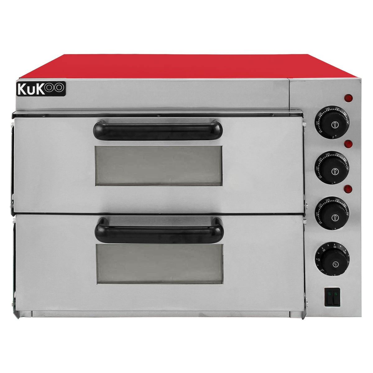 Doppelkammer Pizzaofen von KuKoo mit rotem Oberteil, Edelstahl-Gehäuse, zwei transparenten Sichtfenstern und drehbaren Temperaturreglern