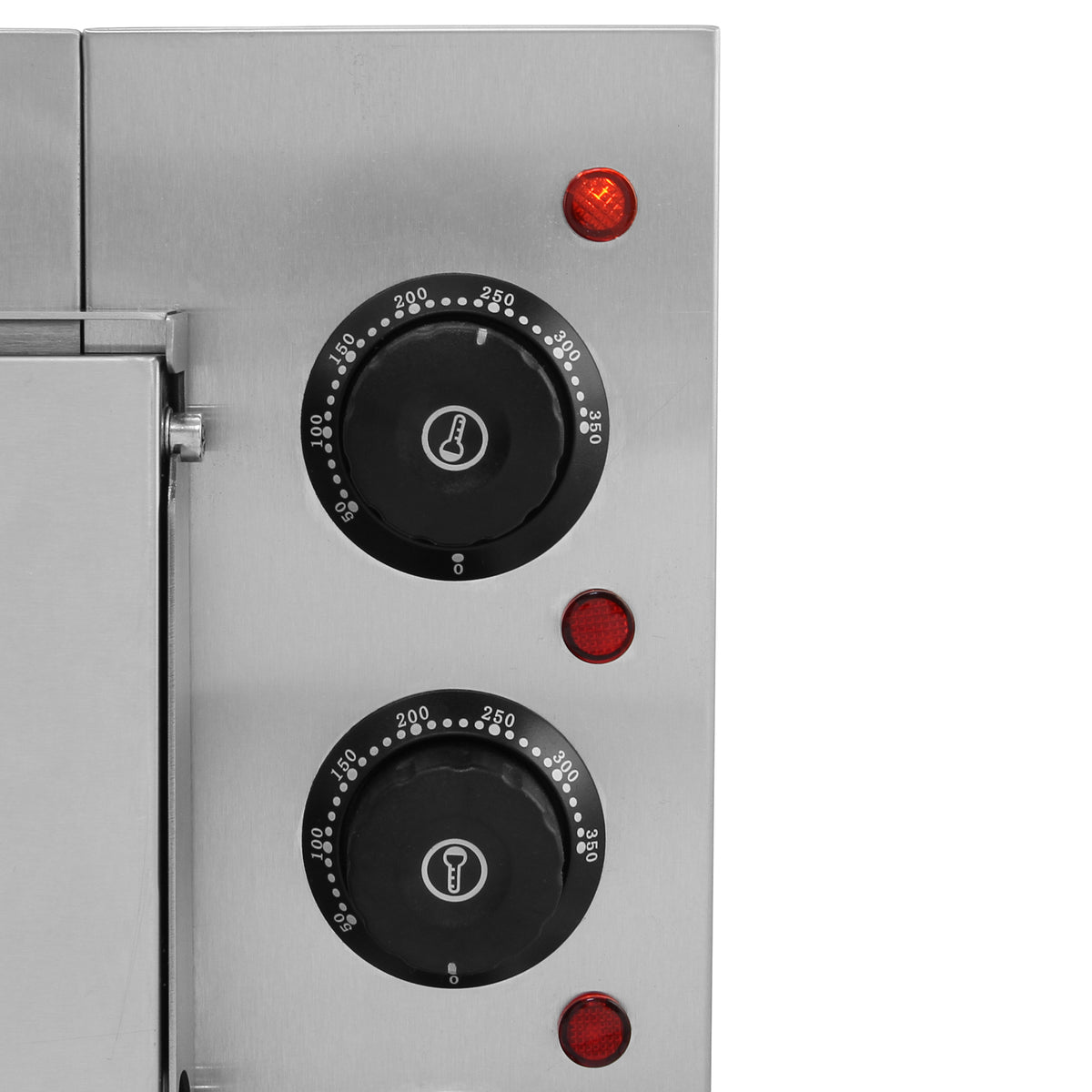 Doppelkammer Pizzaofen mit Edelstahl-Oberfläche, zwei Temperaturreglern und Kontrollleuchten für präzises Backen von Pizzen