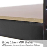 Schwarzes Lagerregal mit stabilen 6,2 mm MDF-Regalen, die robust und zuverlässig sind, ideal für die Aufbewahrung von schweren Gegenständen