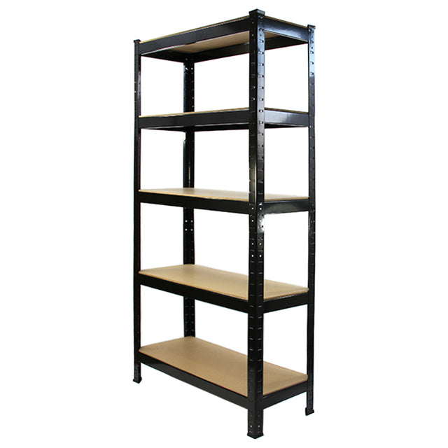 Schwarzes Lagerregal mit fünf stabilen Regalböden aus Holz, ideal für die Aufbewahrung von Werkzeugen und anderen Gegenständen in Werkstätten oder Garagen