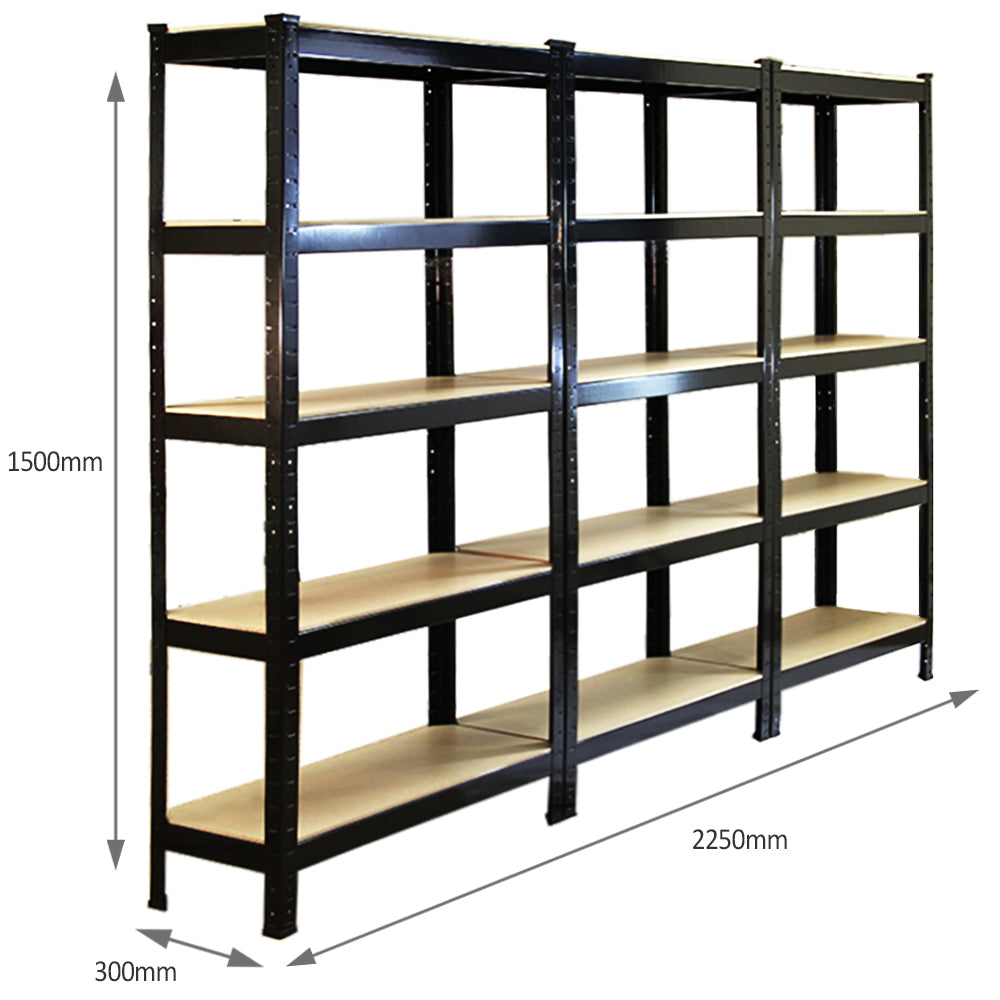 Schwarzes Lagerregal aus Metall mit fünf stabilen Regalböden, 150 cm hoch, 225 cm breit, ideal für die Aufbewahrung von Werkzeugen und Materialien