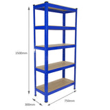 Hochregal in Blau mit fünf stabilen Regalböden aus Holz, ideal für Lagerung und Organisation, Maße 150 cm hoch, 75 cm breit und 30 cm tief