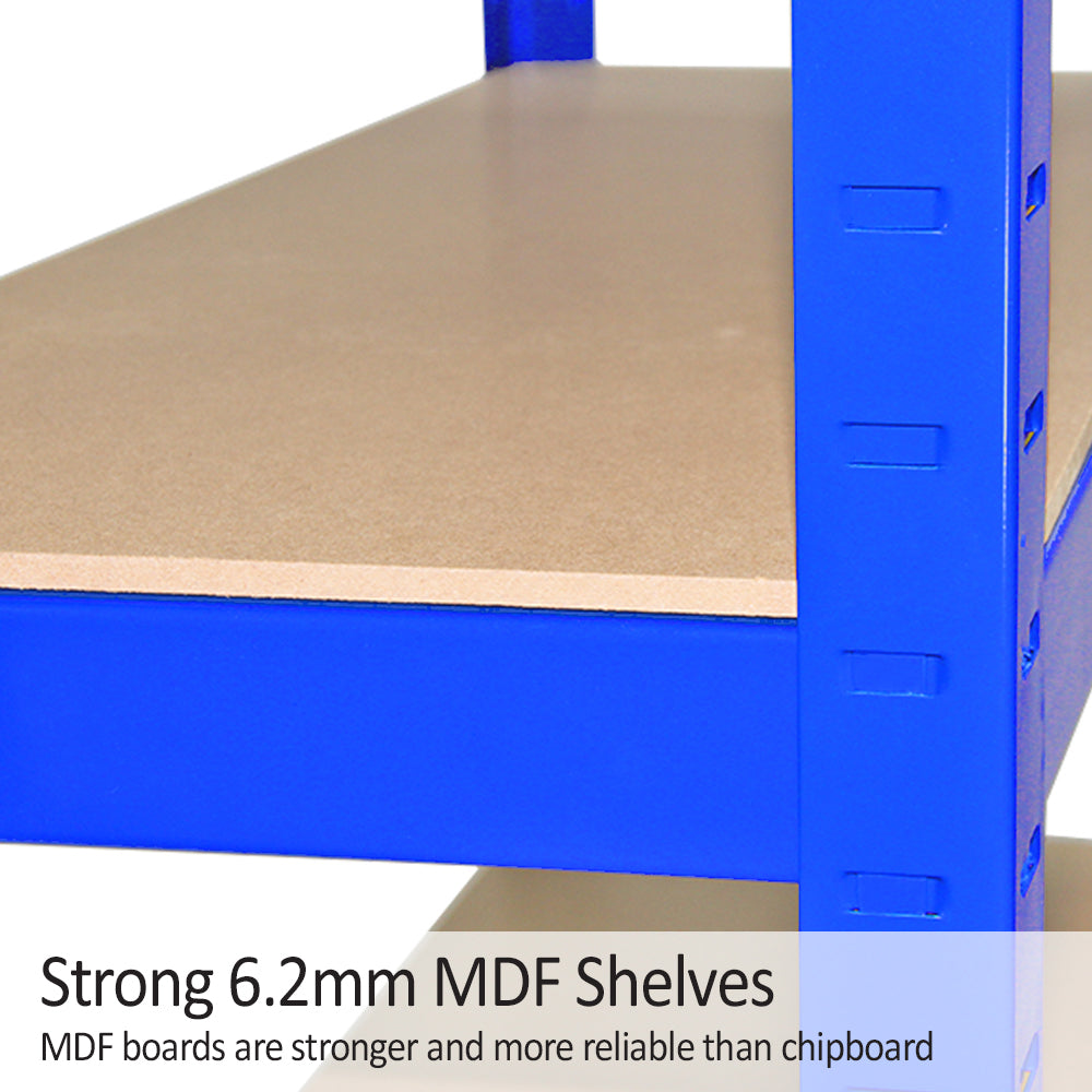 Robustes blaues Lagerregal mit 6,2 mm starken MDF-Regalen, ideal für die Aufbewahrung schwerer Gegenstände und stabiler als Spanplatten