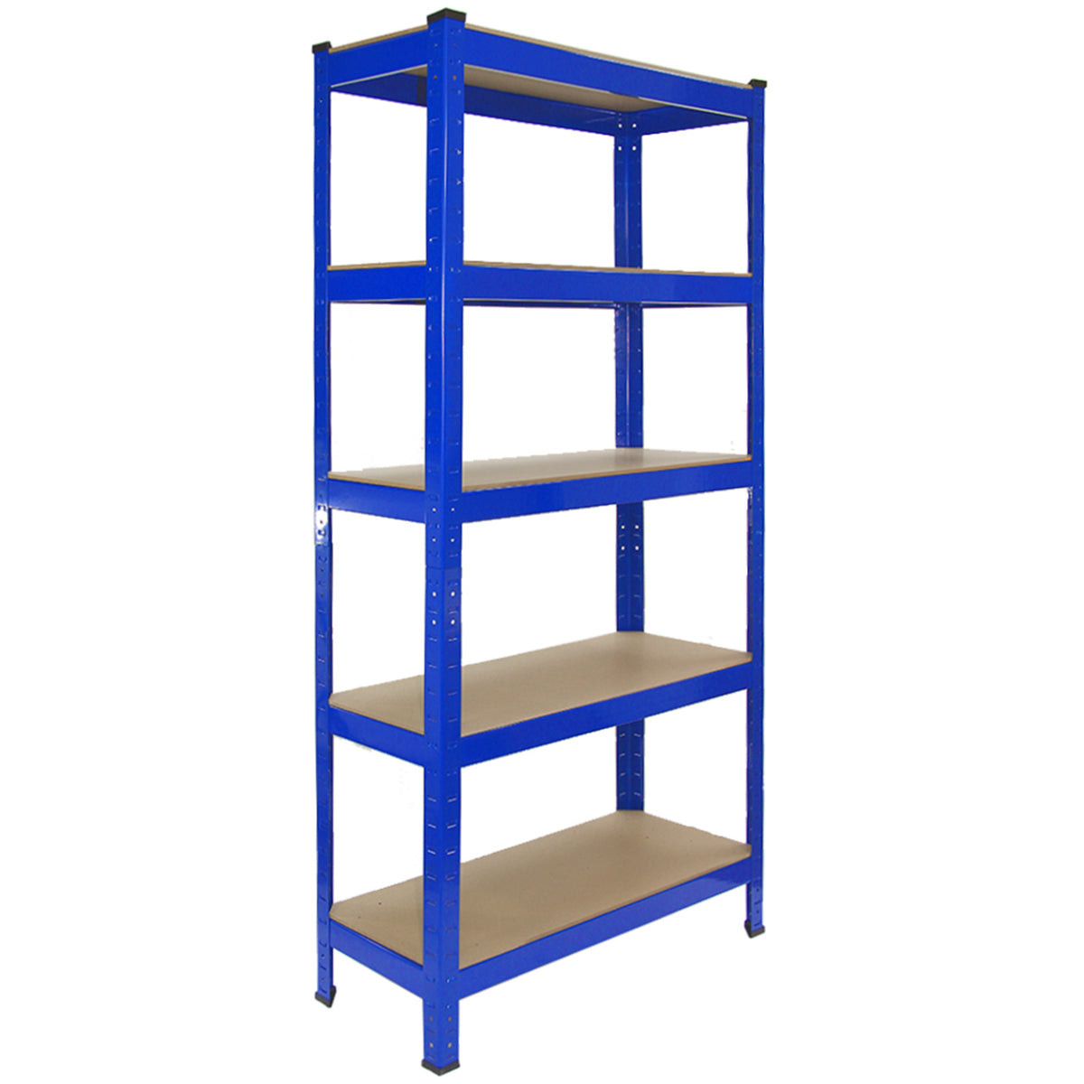Hochregal in leuchtendem Blau mit fünf stabilen, braunen Ablagen, ideal für Lagerung und Organisation von Gegenständen in Werkstätten oder Garagen