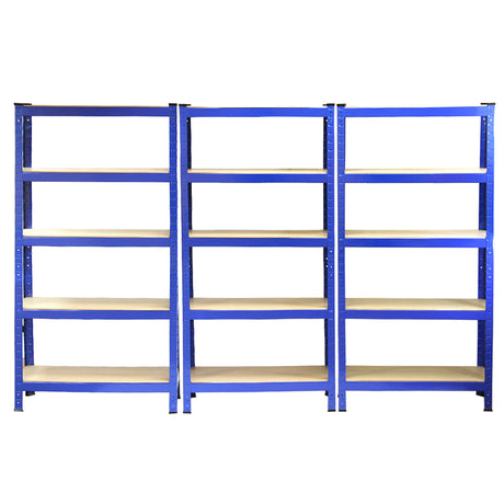 Drei blaue Monster Racking T-Rax Lagerregale mit insgesamt sechs stabilen Regalböden aus Holz für vielseitige Aufbewahrungslösungen