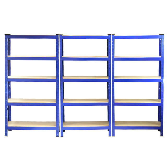 Drei blaue Monster Racking T-Rax Lagerregale mit insgesamt sechs stabilen Regalböden aus Holz für vielseitige Aufbewahrungslösungen