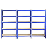Sechs blaue Monster Racking T-Rax Lagerregale mit robusten Holzregalen, ideal für die Aufbewahrung und Organisation von Gegenständen in Werkstätten oder Garagen