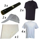 Schwarze Folienrollen, zwei schwarze T-Shirts, eine weiße Kappe und ein weißes T-Shirt, ideal für kreative Textilgestaltungen und Druckprojekte