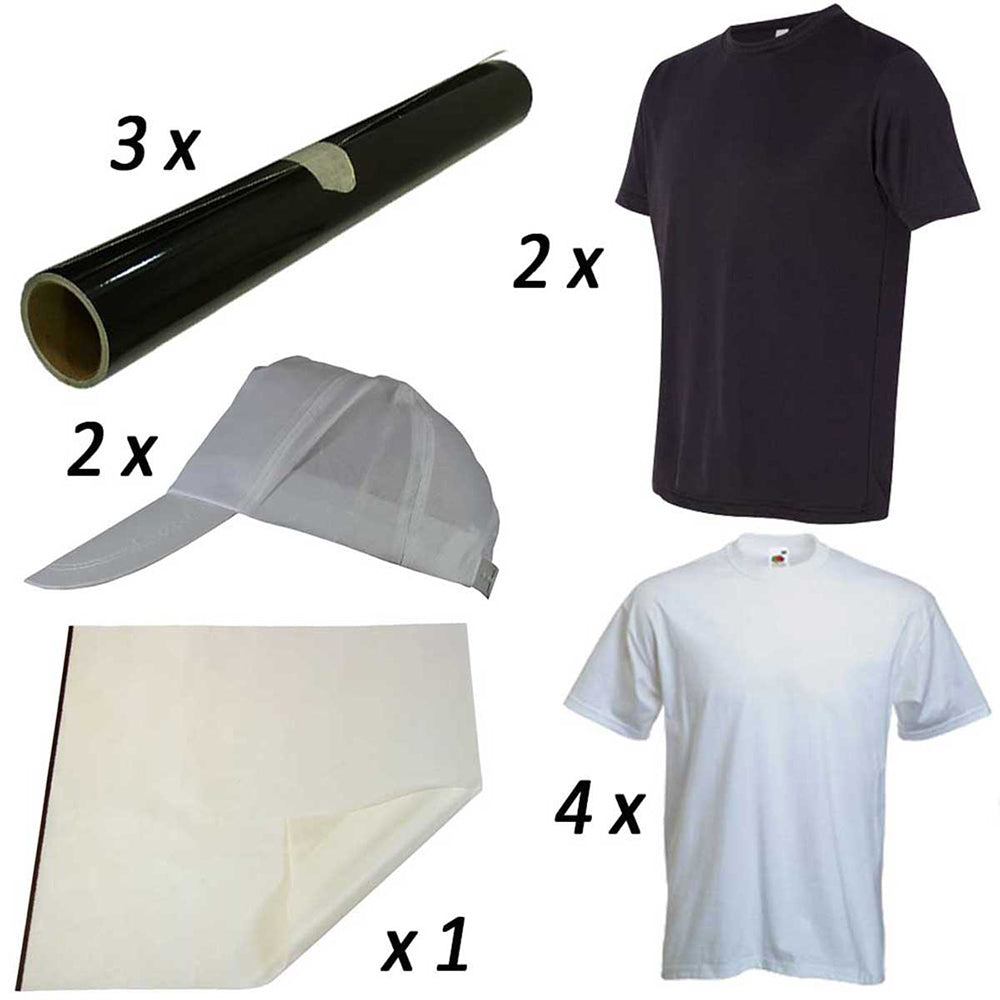 Schwarze Folienrollen, zwei schwarze T-Shirts, eine weiße Kappe und ein weißes T-Shirt, ideal für kreative Textilgestaltung und Druckprojekte