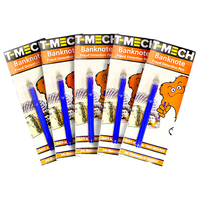Fünf T- Mech Geldscheinprüfstifte in blauer Verpackung, ideal zur Betrugserkennung, mit klarer Anleitung und abnehmbarer Tinte