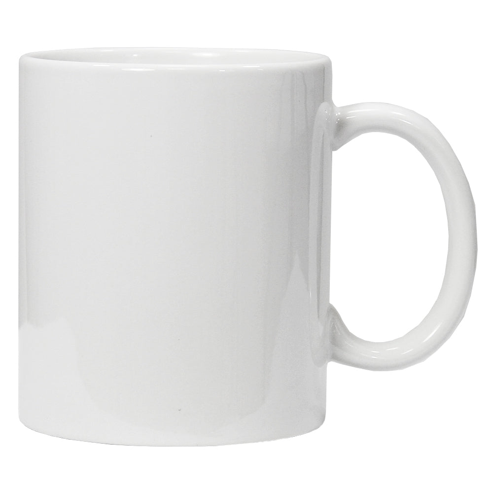 Weißer, unbedruckter Keramiktasse mit glatter Oberfläche und rundem Henkel, ideal für personalisierte Designs oder Geschenke