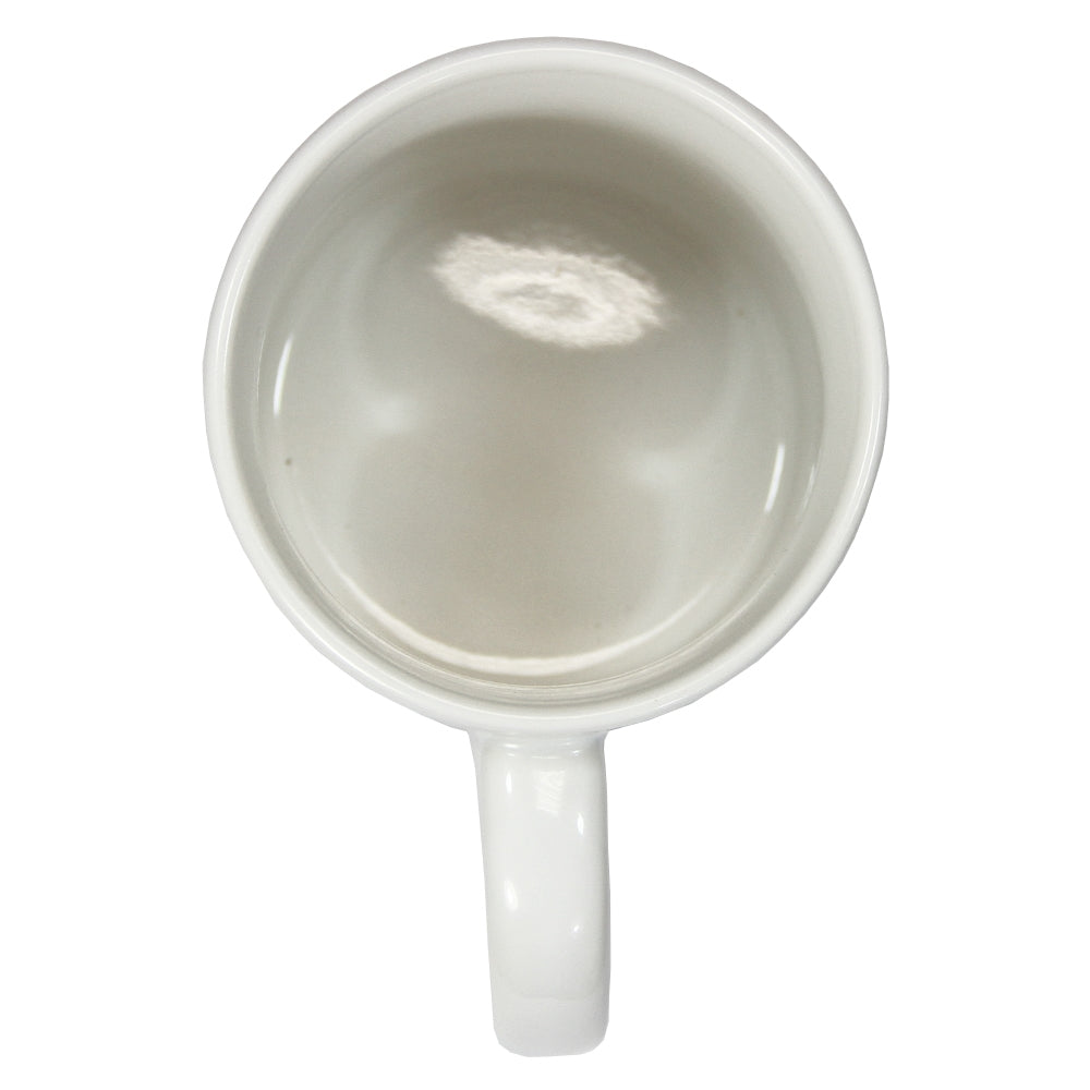 Innenansicht einer weißen, polymerbeschichteten Tasse mit glatter, glänzender Oberfläche und rundem Henkel, ideal für kreative Gestaltungen