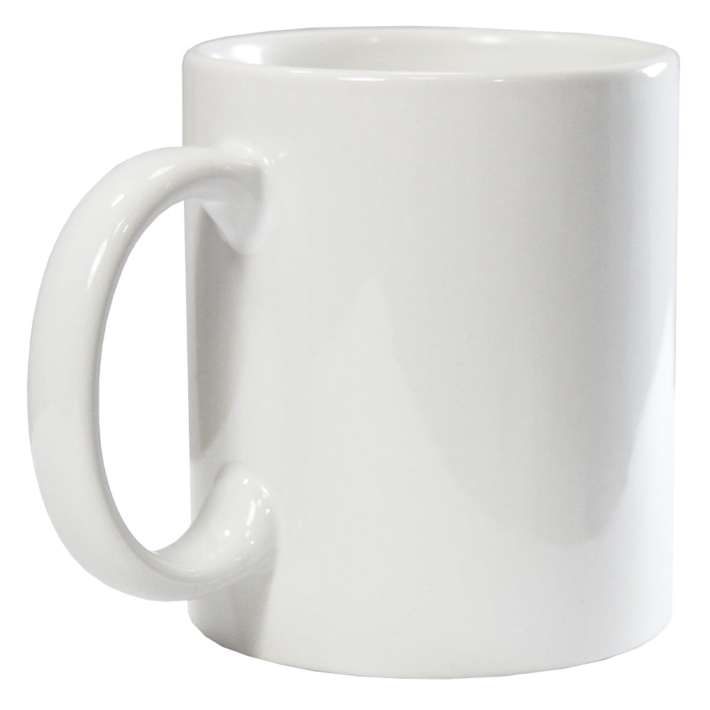Weißer, unbedruckter Keramikkaffeebecher mit glatter, glänzender Oberfläche und einem komfortablen, runden Henkel, ideal für personalisierte Designs