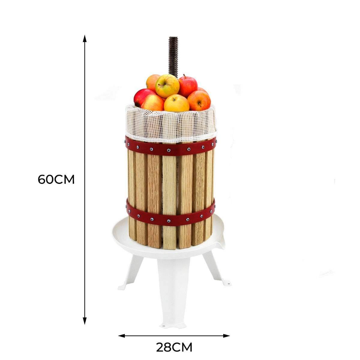Holzobstpresse mit rotem Metallband, gefüllt mit frischen Äpfeln, auf einem stabilen weißen Standfuß, Höhe 60 cm, Durchmesser 28 cm