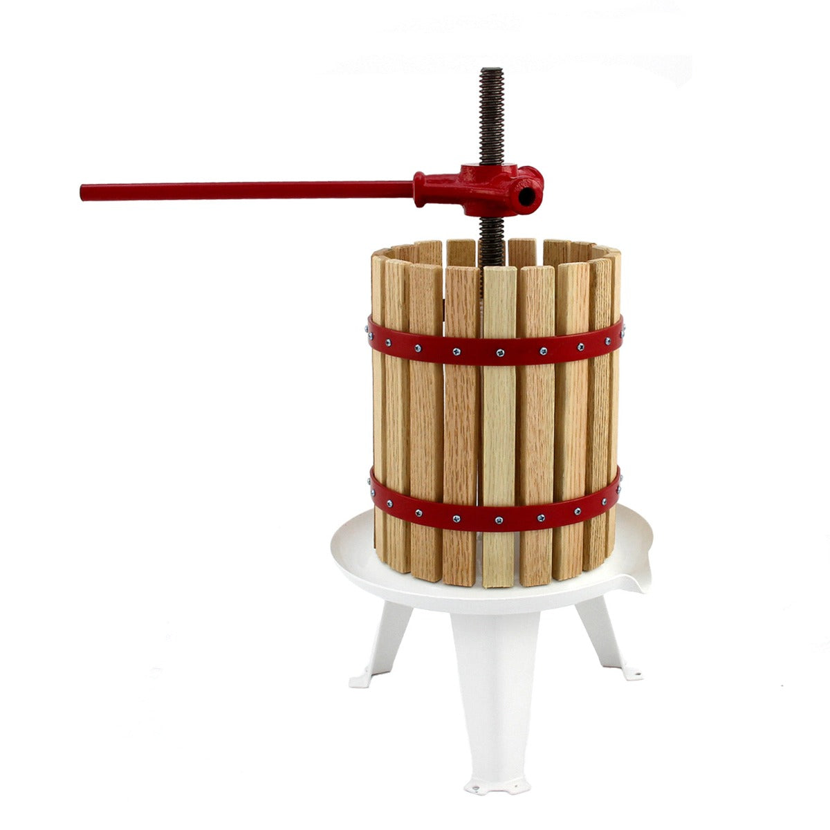 Holzobstpresse mit rotem Hebel, 12 Liter Kapazität, aus robustem Holz und Metall, ideal zum Entsaften von Obst und für die Weinherstellung