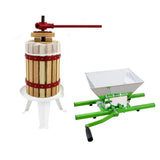 Holz-Obstpresse mit rotem Hebel und Metallgitter, daneben grüner Obsthäcksler aus Metall mit breiter, flacher Schüssel und Handkurbel