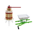 Holz-Obstpresse mit rotem Hebel und weißem Netz sowie grüner Obsthäcksler mit breiter Schaufel, ideal für die Saftproduktion und Obstverarbeitung