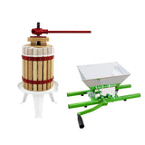 Holz-Obstpresse mit rotem Hebel und Obsthäcksler in leuchtendem Grün, beide ideal für die Saftproduktion aus frischen Früchten