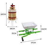 Holzfass Obstpresse mit rotem Ventil und grüner Obsthäcksler, glänzende Metalloberfläche, Maße: 60 cm hoch, 57 cm breit, ideal für Saftproduktion