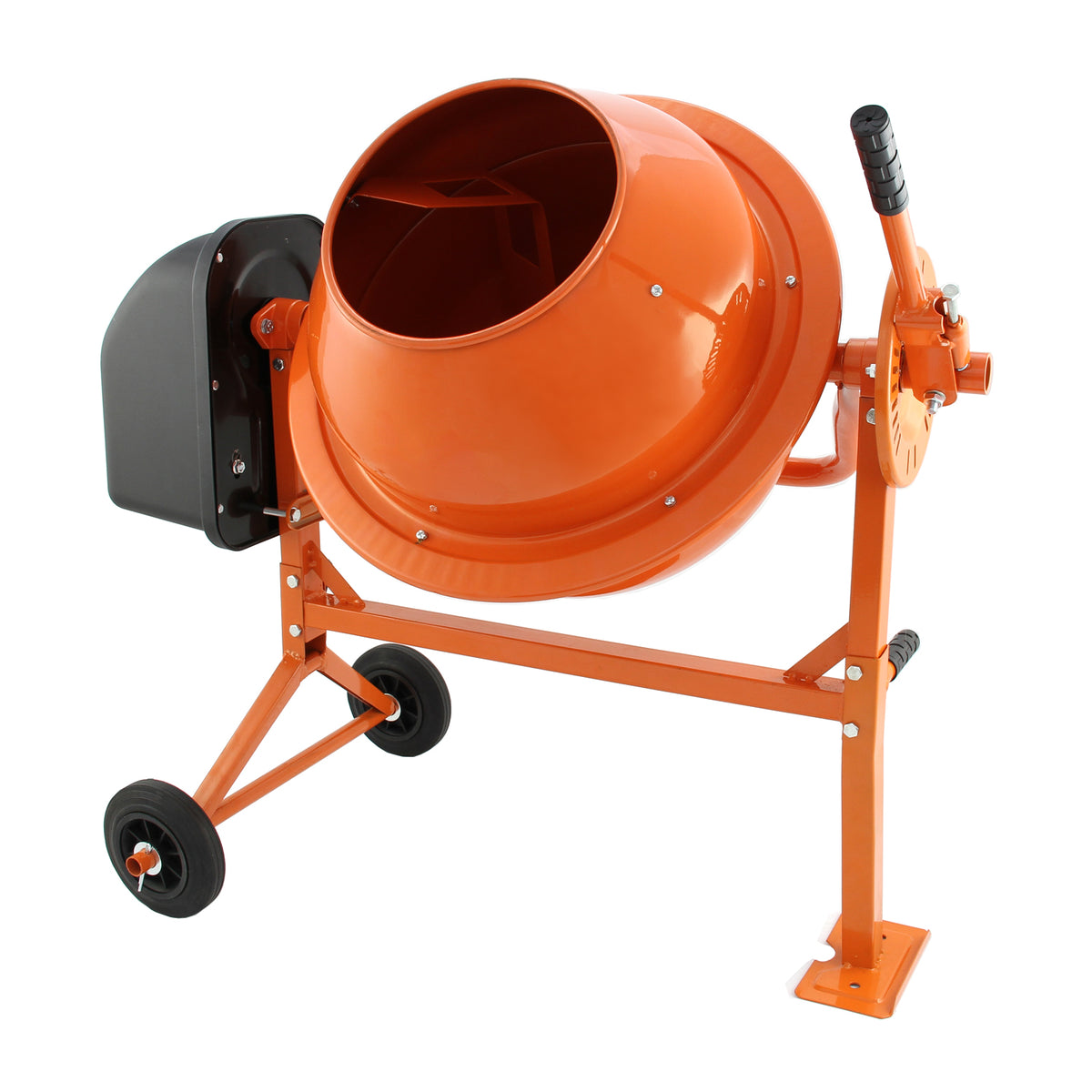 Robuster orange Betonmischer mit 70 Litern Fassungsvermögen, stabiler Metallrahmen, großen Rädern und ergonomischem Handgriff für einfache Handhabung