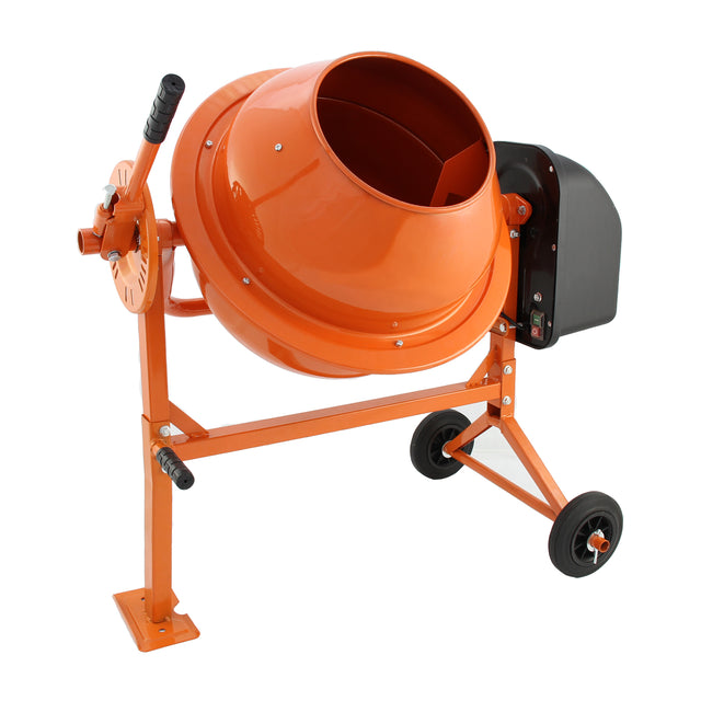 Der T-Mech Betonmischer in leuchtendem Orange mit 70 Litern Kapazität, robustem Metallrahmen und praktischen Rädern für einfache Mobilität