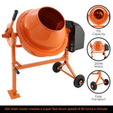Der orangefarbene T-Mech Betonmischer mit 70 Litern Kapazität und robustem Stahlrahmen, ausgestattet mit einem 250 Watt Motor für schnelle Mischgeschwindigkeit