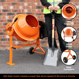 Orange Betonmischer mit 70 Litern Fassungsvermögen, robustem Gestell und leichtem Transport, ideal für Bauprojekte und Gartenarbeiten
