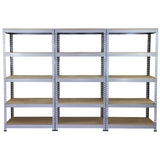 Zehn graue Q-Rax Metallregale mit stabilen, offenen Regalböden aus Holz, 90 cm breit, 50 cm tief und 180 cm hoch, ideal für Lagerung und Organisation
