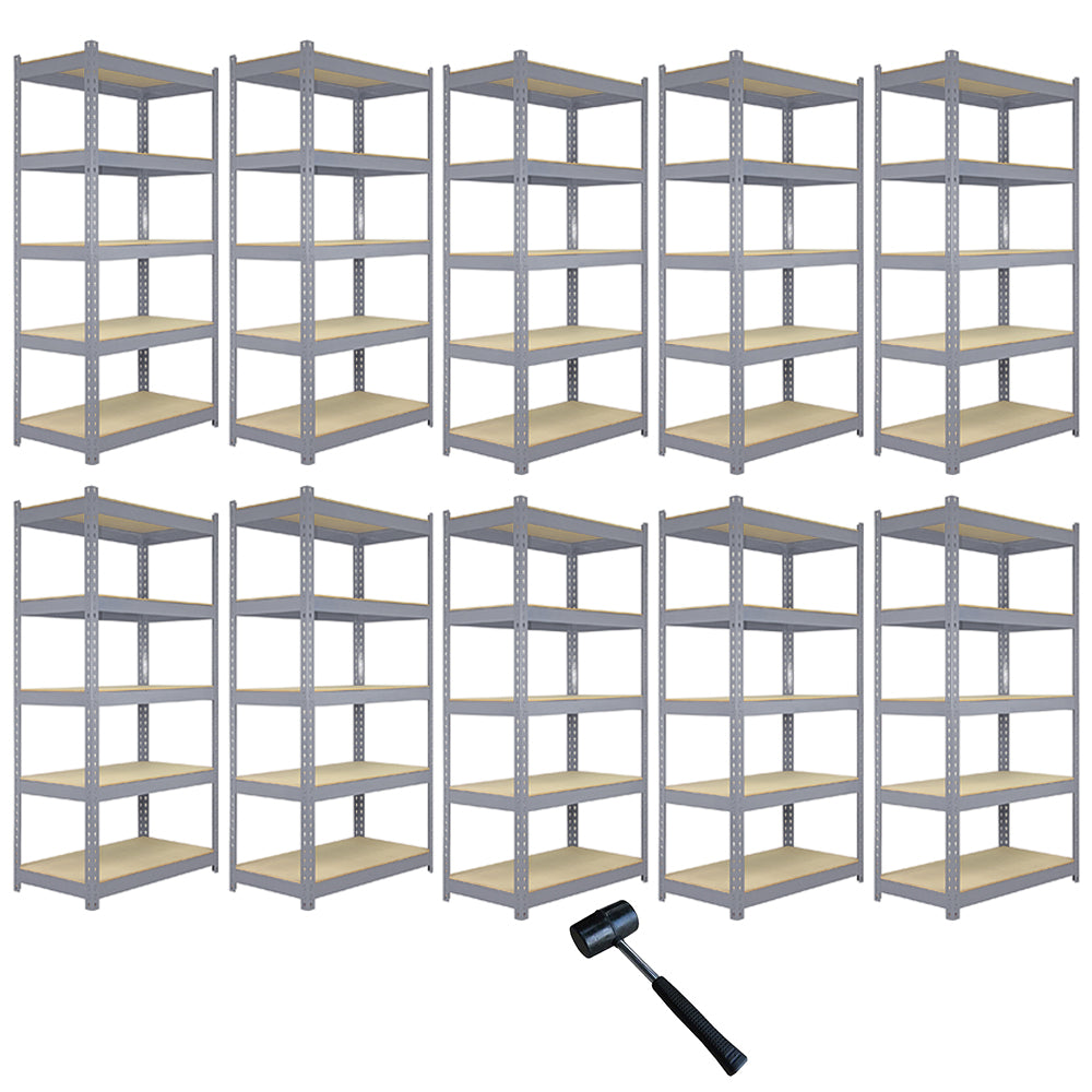 Zehn graue Q-Rax Metallregale mit Holzregalen, 90cm x 50cm x 180cm, stabil und vielseitig einsetzbar, ideal für Lagerung und Organisation